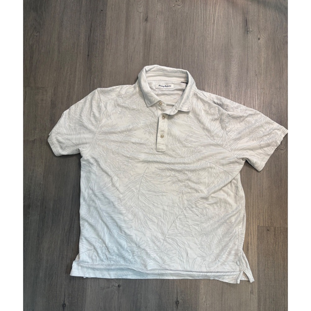 Tommy Bahama Polo Shirt Mens Large White Tropical Palm Leaf Print Short Sleeve